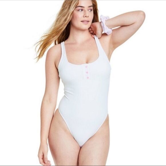 Stoney Clover Lane White Henley One Piece Swimsuit - Picture 1 of 6